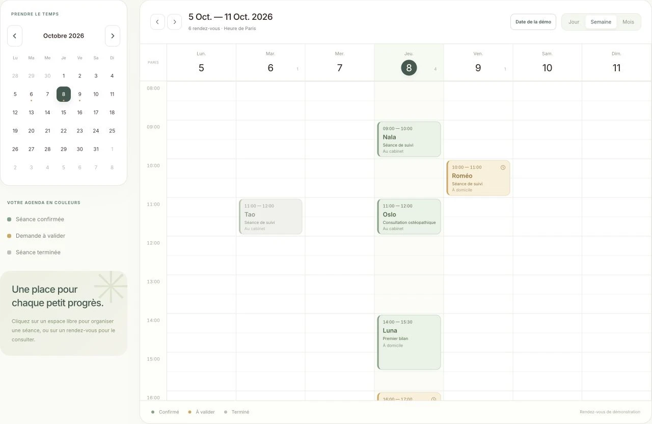 Le planning Cynobs : calendrier mensuel à gauche, rendez-vous répartis par jour et heure à droite.